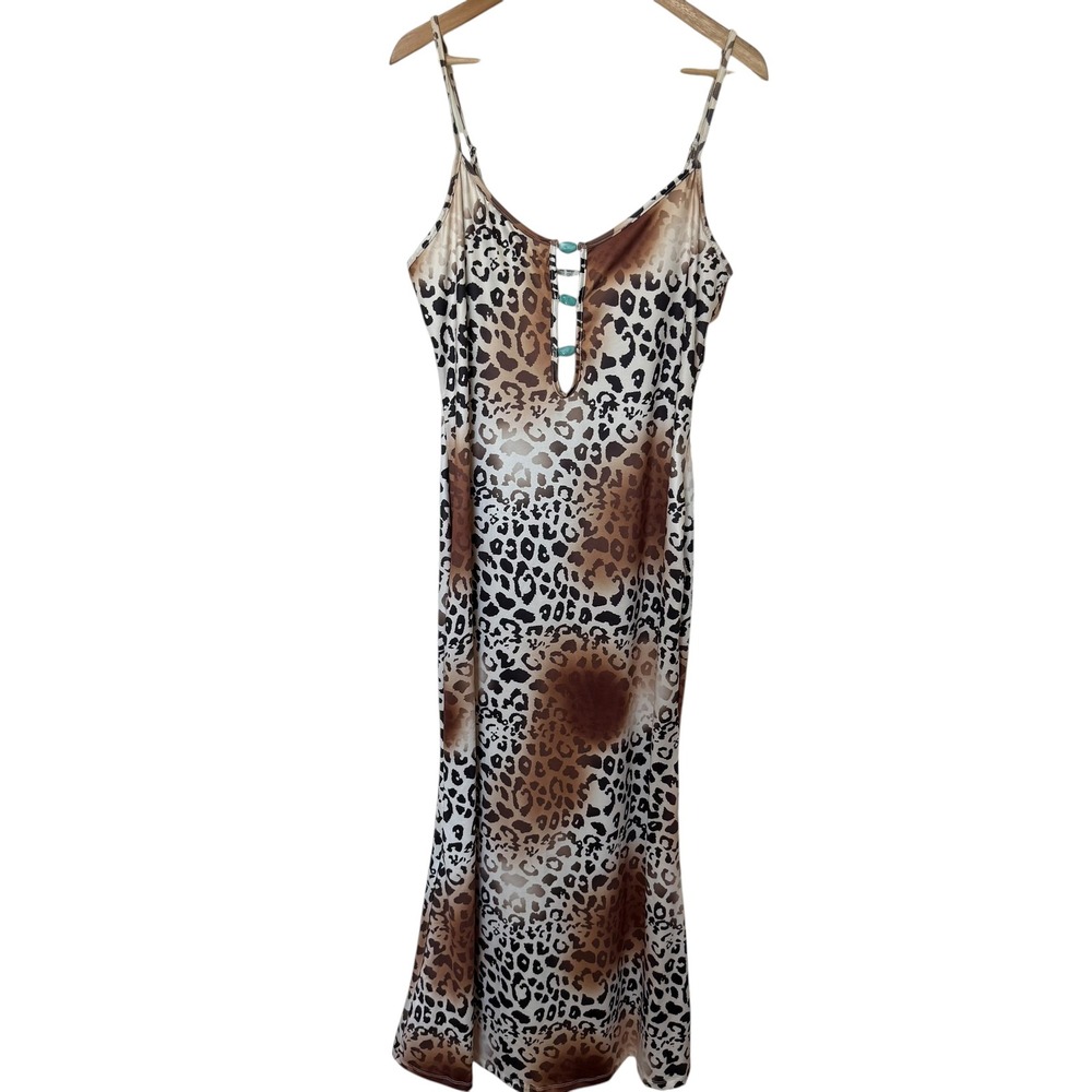 SHEIN Curve Leopard Print Maxi Dress Womens 1XL Brown Good Keyhole Beaded Slip
